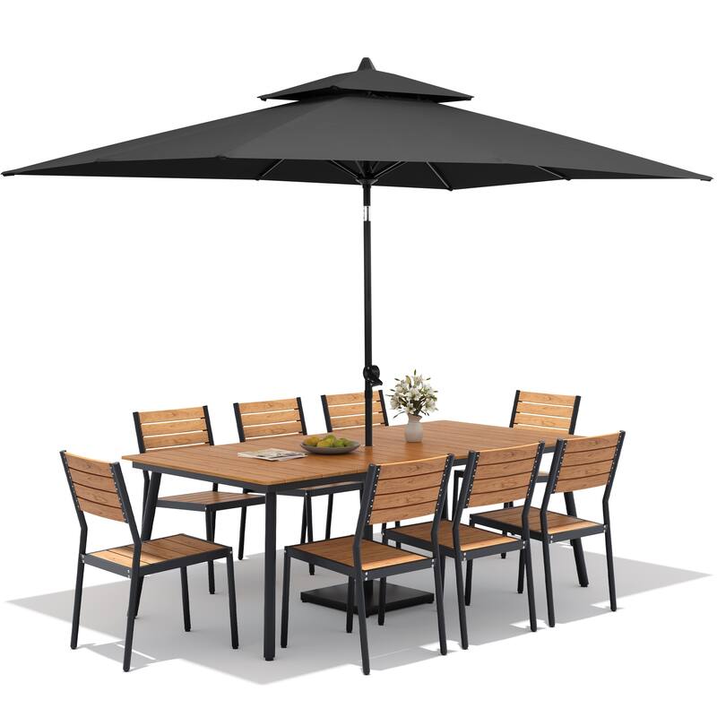 11PC Outdoor Patio Dining Set Aluminum Table with Stackable Chairs w/ Market Umbrella Set