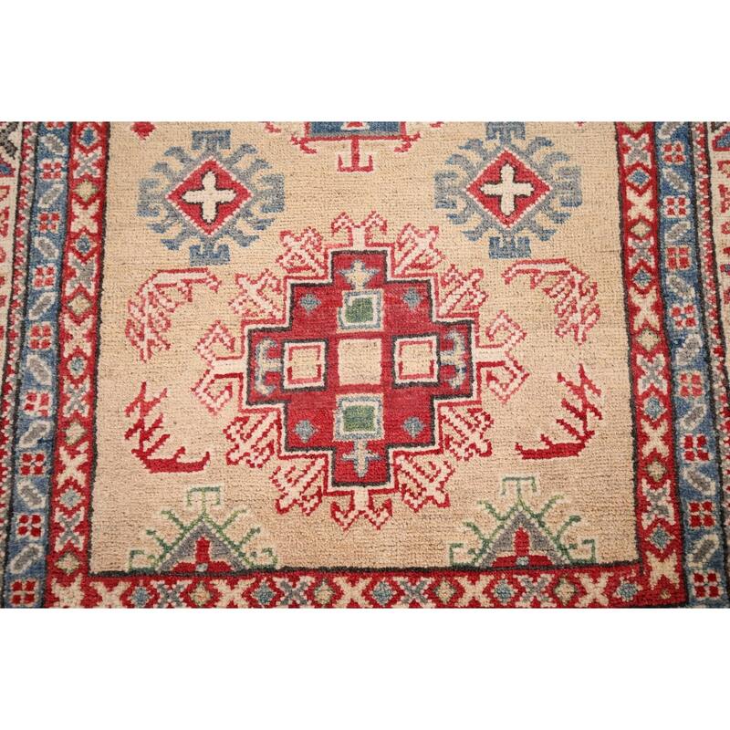 Oriental Kazak Foyer Rug Hand-Knotted Traditional Beige Wool Carpet - 3'4" x 4'7"