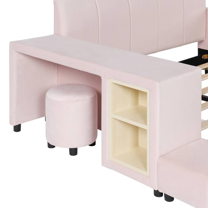 Full Size Upholstered Grounded Bed, Mother & Child Bed with Bedside Desk and Little Round Stool