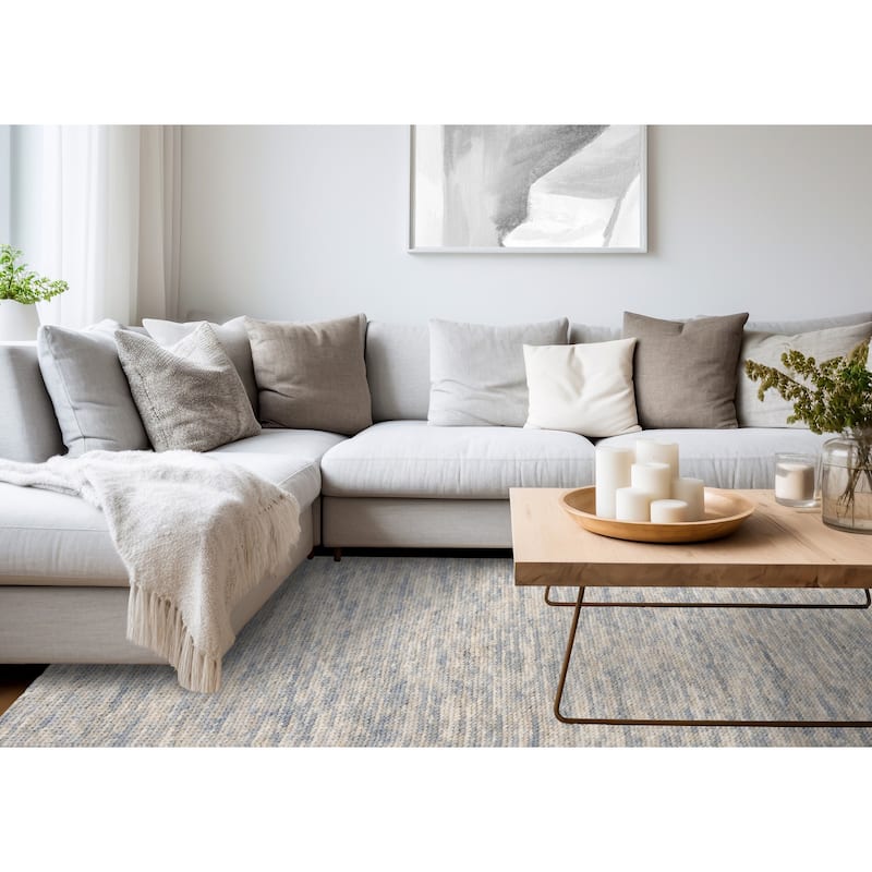 Blue Beige White Wool Handmade Rug