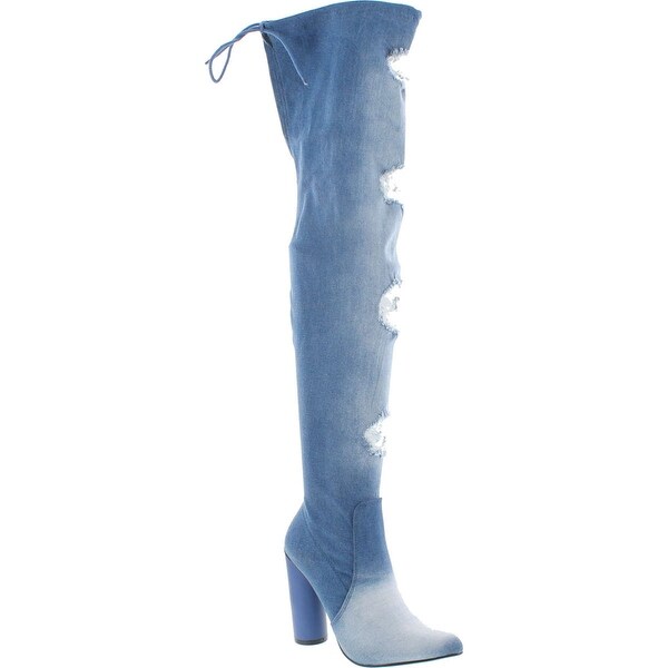 Static Footwear Elssa-2 Women's Over The Knee Ripped Distressed Chunky Block Heel Denim Boots - Blue