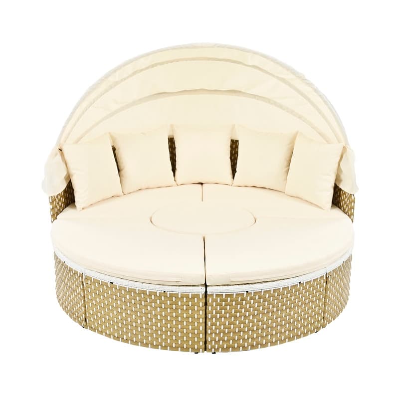 Round Patio Sectional Sofa Set – Two-Tone Rattan Daybed with Retractable Canopy & Modular Seating‌ - Beige