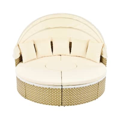 Round Patio Sectional Sofa Set – Two-Tone Rattan Daybed with Retractable Canopy & Modular Seating‌