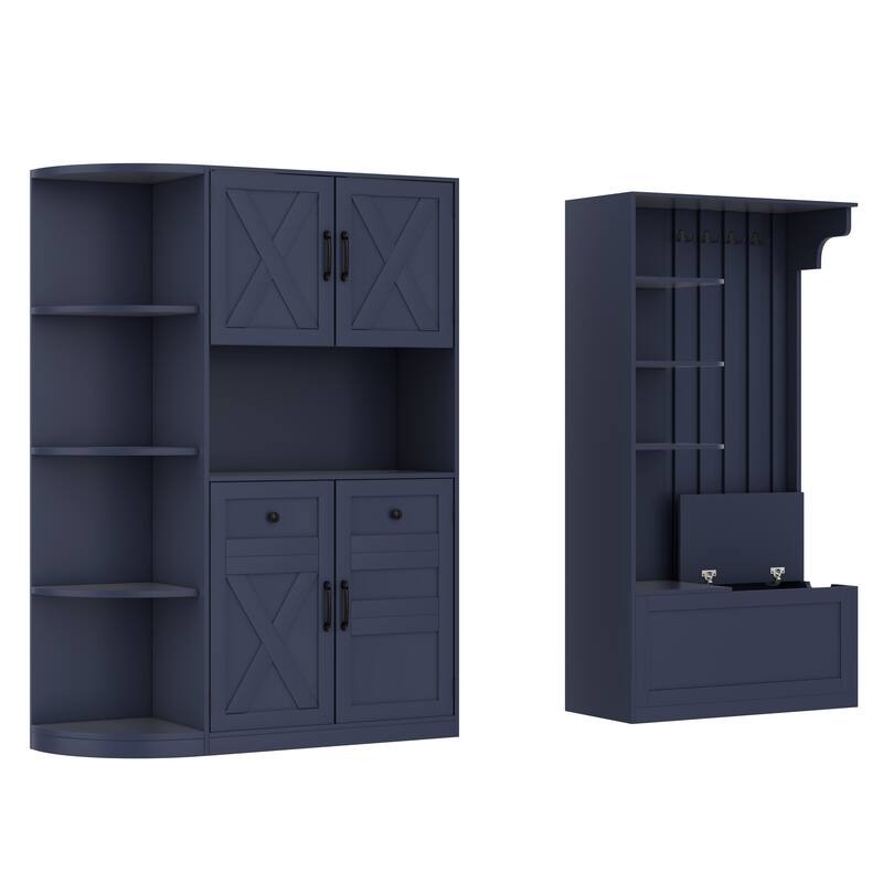2-in-1 Hall Tree & Storage Cabinet for Living Room, Multifunctional Left-Right Combination Hall Cabinet with Bench and 4 Hooks