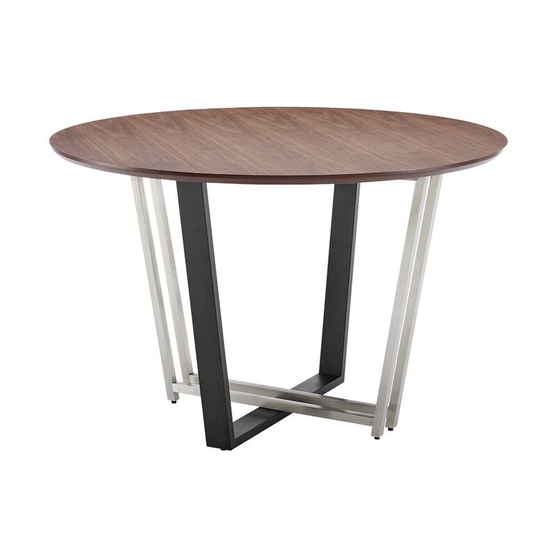 Leyne 48 Inch Round Dining Table, Stainless Steel, Black Iron, Walnut Veneer - Walnut Brown, Black, Silver
