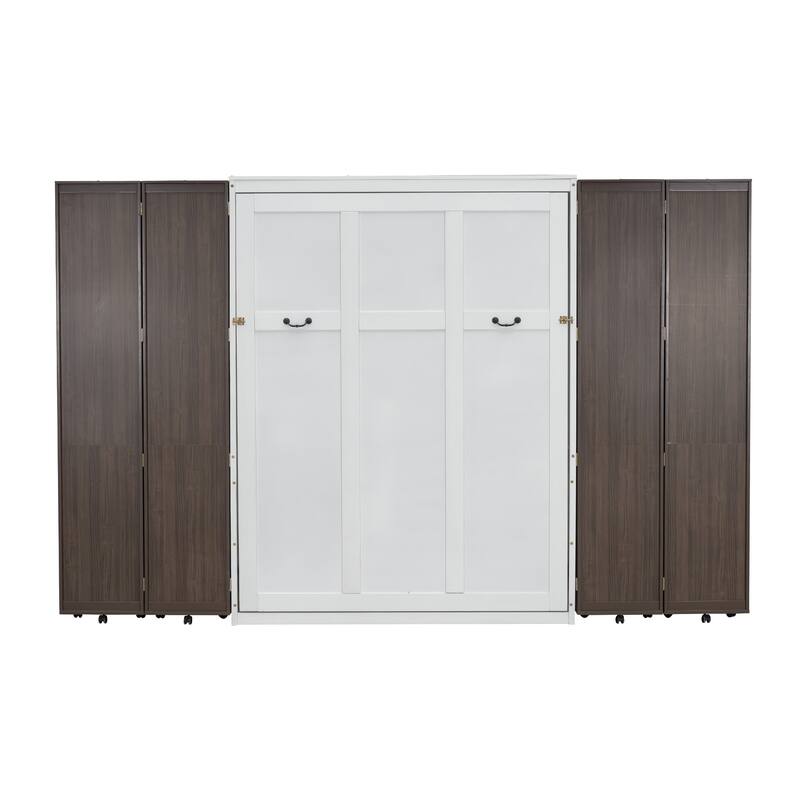Queen Size Murphy Bed with Cabinets, Storage Wall Bed with Movable Bookcase, Wood Folding Bed Frame