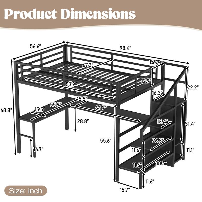 Twin XL/Full XL Metal Loft Bed with L-Shaped Desk, USB, LED Lights, Wardrobe & Storage Stairs for Kids/Teens/Adults