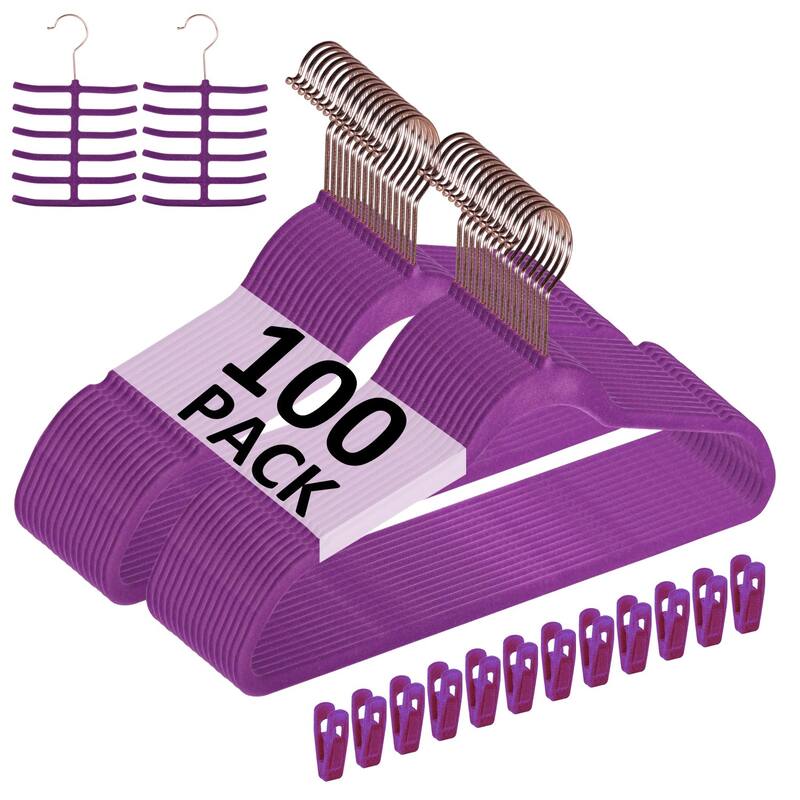 Javlergo 50/100 Pack Velvet Hangers, Heavy Duty Non Slip & Space-Saving Cloth Hangers with 6 Finger Clips & Tie Rack