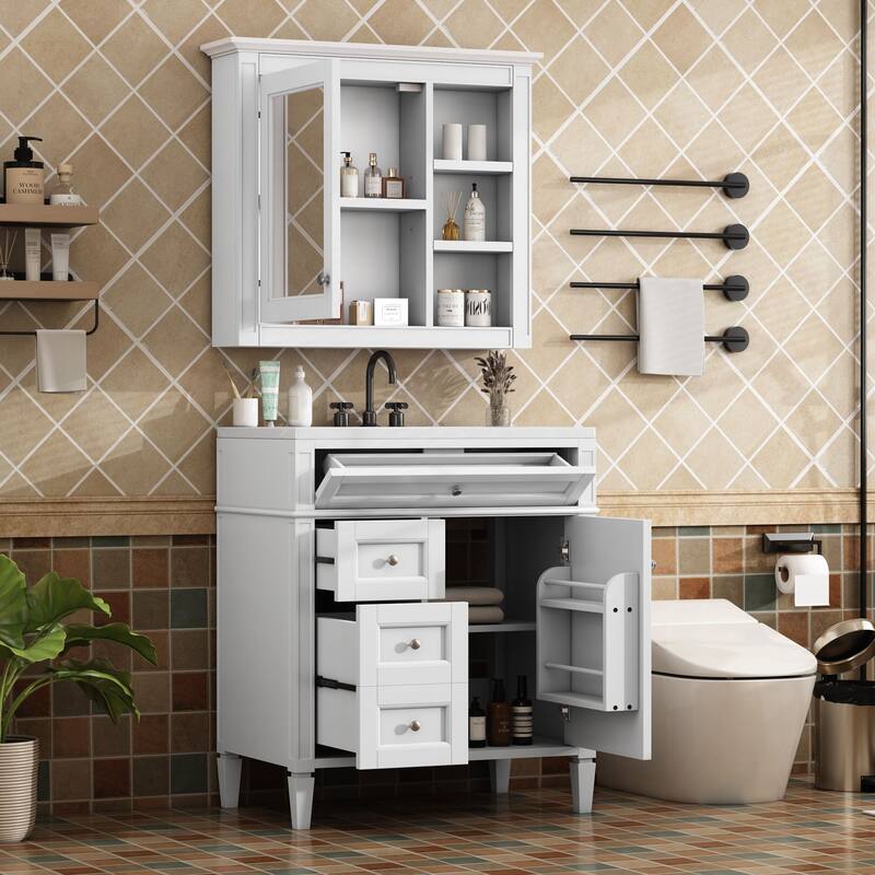 Modern 30" Bathroom Vanity Set with Mirror Cabinet, Ceramic Sink, 2 Drawers & Tip-Out Drawer for Storage