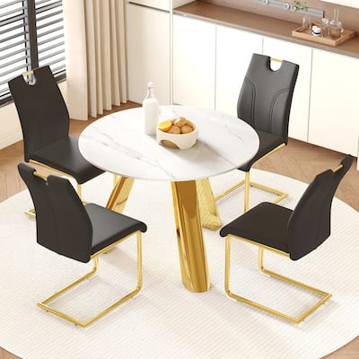 42" Modern Luxury Round Sintered Stone Dining Set Gold Metal Base + 4 Black PU Upholstered Chairs Elegant Contemporary C