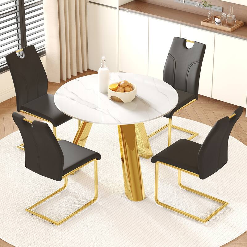5-Piece Round Dining Table Set with Stain-Resistant Surface, PU Leather Chairs with C-shaped Bases, Scratch-resistant