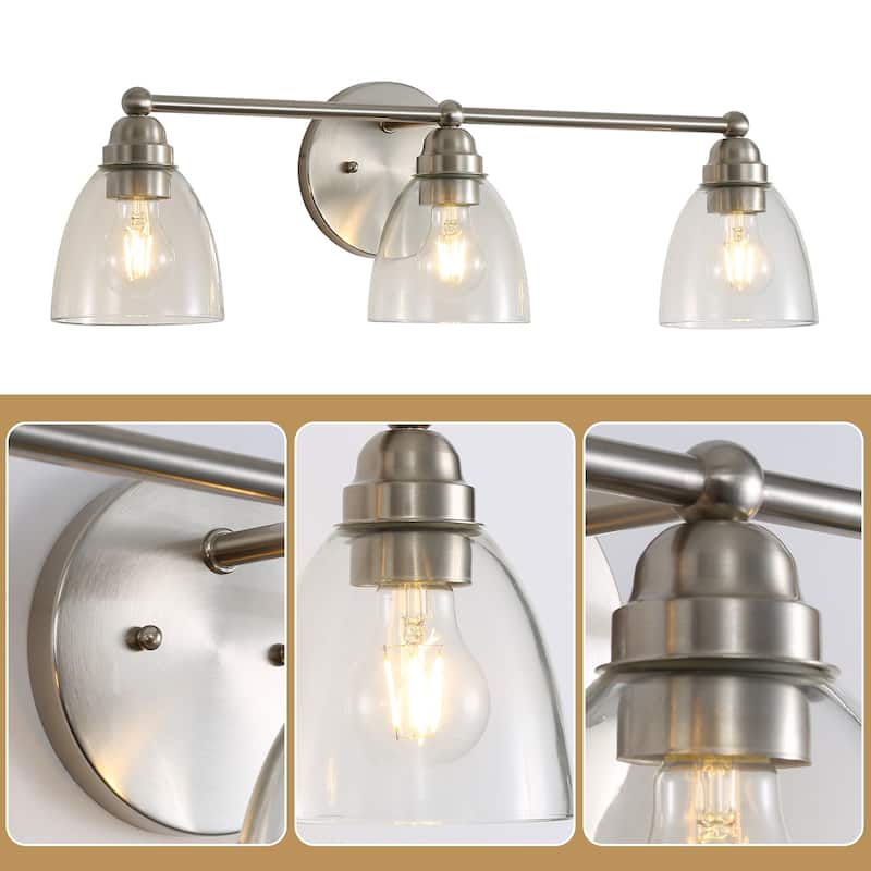 Modern 3-Light Brushed Nickel Bathroom Vanity Light with Clear Glass Shade, E26 Wall Sconces Over Mirror(Bulb Not Included)