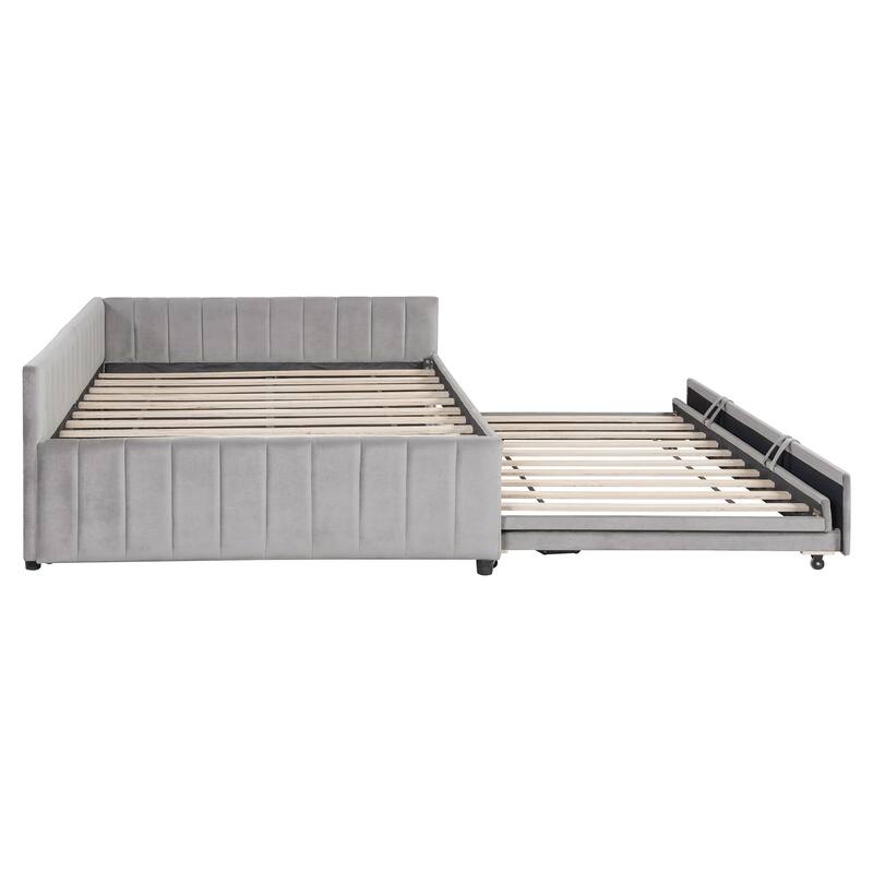 2-in-1 Daybed with Pop Up Trundle Bed, L-Shaped Upholstered Daybed Convertible Platform Bed, Vertical Stripes Frame Sofa Bed