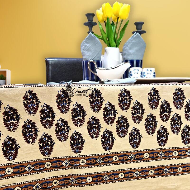 Earthy Spiral Floral Block Print Cotton Tablecloth Collection