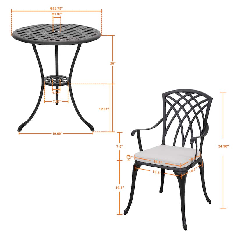 24 Inch Cast Aluminum Bistro Table and 2 Bistro Chairs with Grey Cushions - 24 inches round table