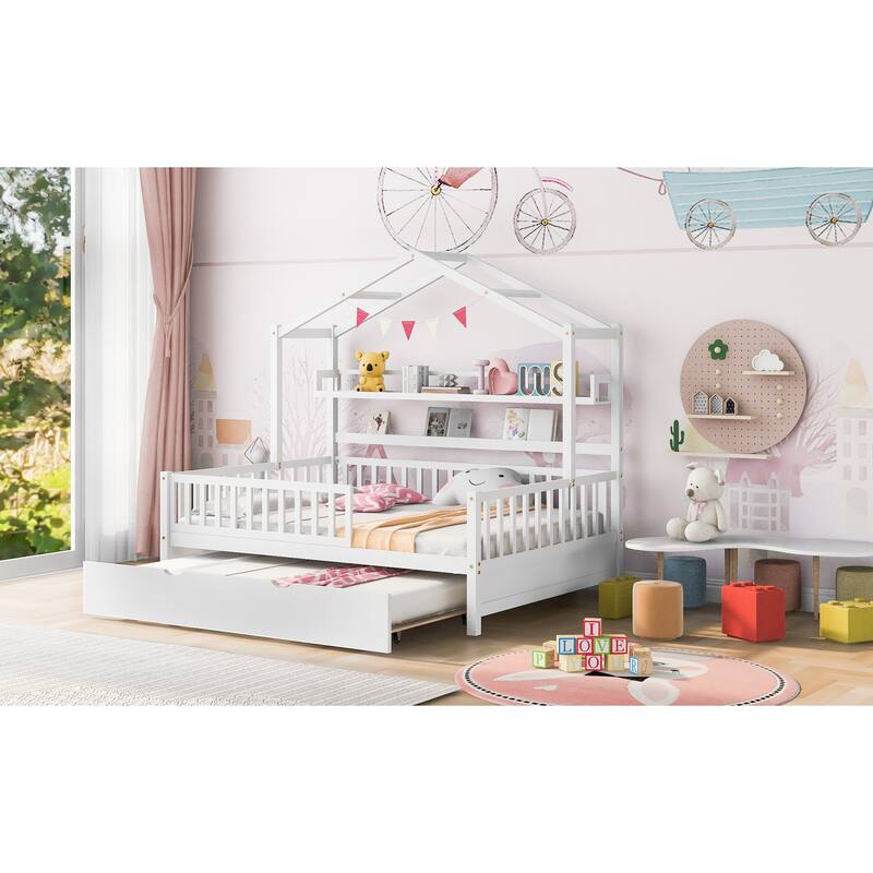 Cute Wooden Twin or Full House Bed with Trundle, Kids Bed Wood Platform Bed Frame with Safety Guardrail & Storage Shelf