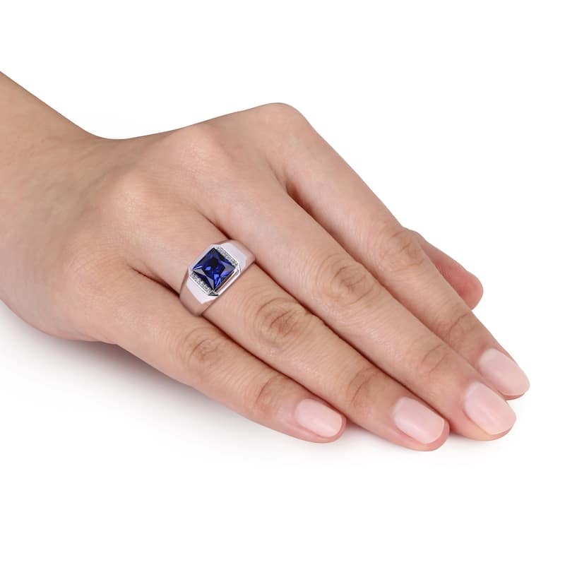Miadora 3 CT TGW Created Sapphire and Diamond Accent Mens Ring in 10k White Gold