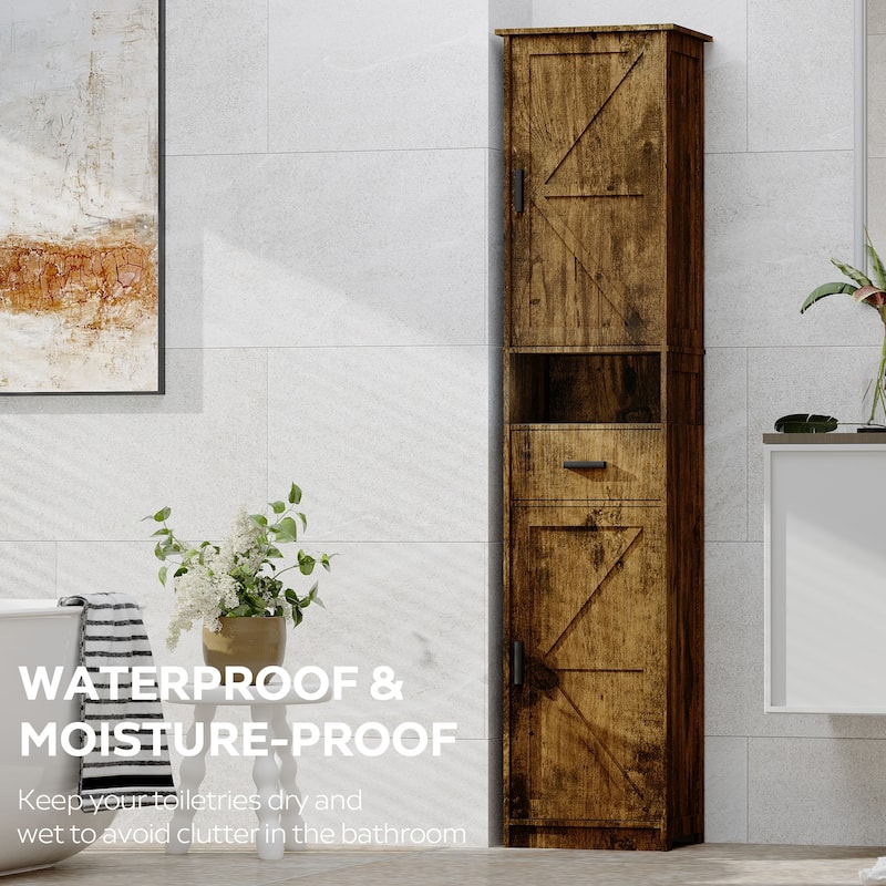69"H Tall Bathroom Cabinet with Adjustable Shelves, 2 Barn Doors & 1 Drawer