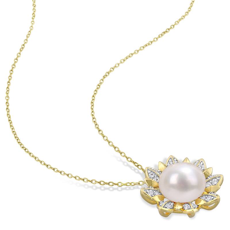 Miadora Cultured FW Pearl & White Topaz Floral Necklace in Yellow Plated Sterling Silver (11.5-12mm)
