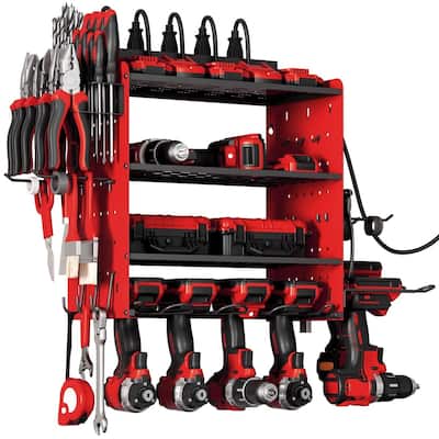 Sttoraboks Modular Power Tool Organizer, Wall Mount Garage 4 Drill Shelf Rack with hooks, 8 Outlet Power Strip