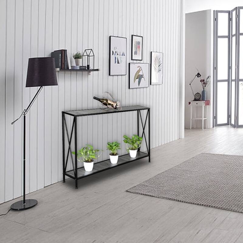 Modern Black Console Table with Steel Frame and Two Shelves for Living Room or Entryway - 43.3" x 9.5" x 28.7" (L x W x H)