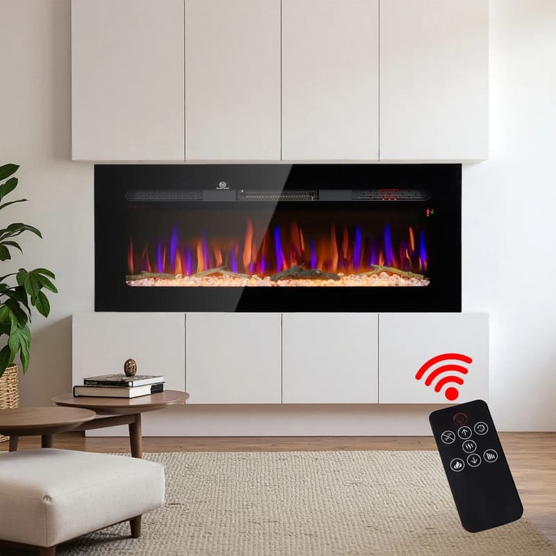 36/40/50/60 in. Wall Mount Recessed Electric Fireplace in Black, Remote Control, 8H Timer, Adjustable Flame & Brightness