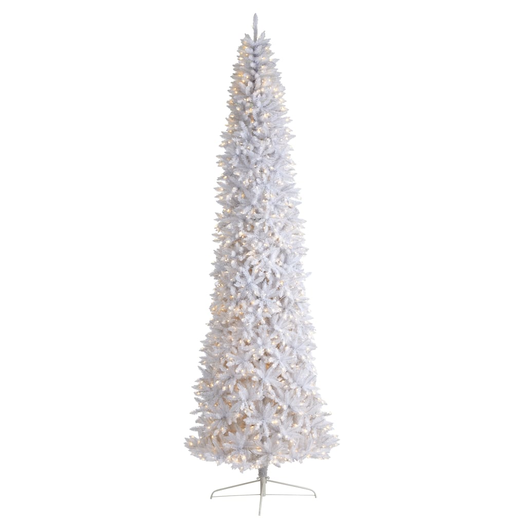 12’ Pre-Lit Slim White Artificial Christmas Tree, Warm Clear LED Lights - over-10-feet