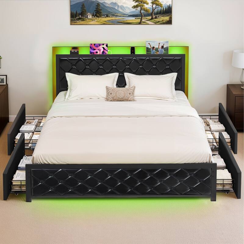 Moasis Queen Bed Frame with Headboard & 4 Storage Drawers, Modern Upholstered Faux Leather Platform Bed