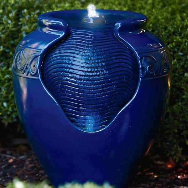 Teamson Home - Outdoor Glazed Pot Floor Bird Bath Fountain - Royal Blue