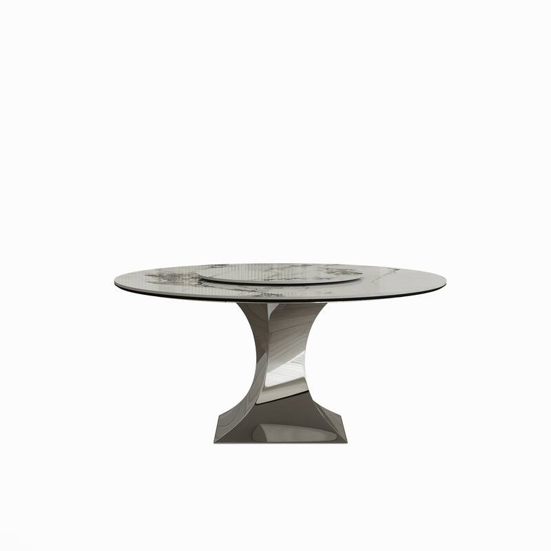 59" Round Sintered Stone Table Set – Black Titanium Base & 6 Gray Chairs, Scratch/Heat-Resistant‌.