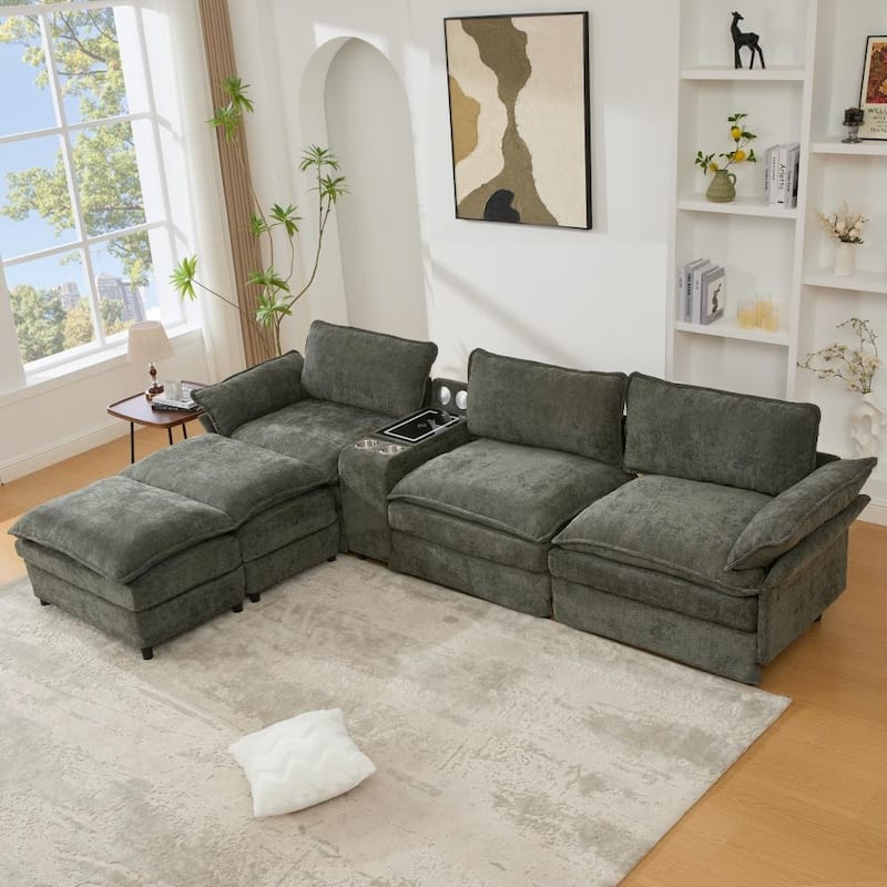 Modern Modular Sectional Sofa with Storage Console and Wireless Charging, Ottomans