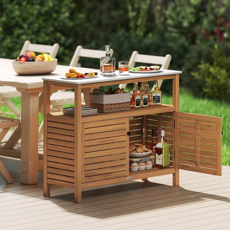 Costway Patio Wood Storage Cabinet with Marble-Like Countertop, Open - See Details - Natural + White - See Details