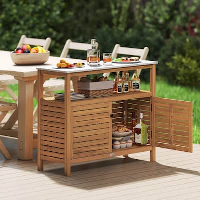 Costway Patio Wood Storage Cabinet with Marble-Like Countertop, Open - See Details