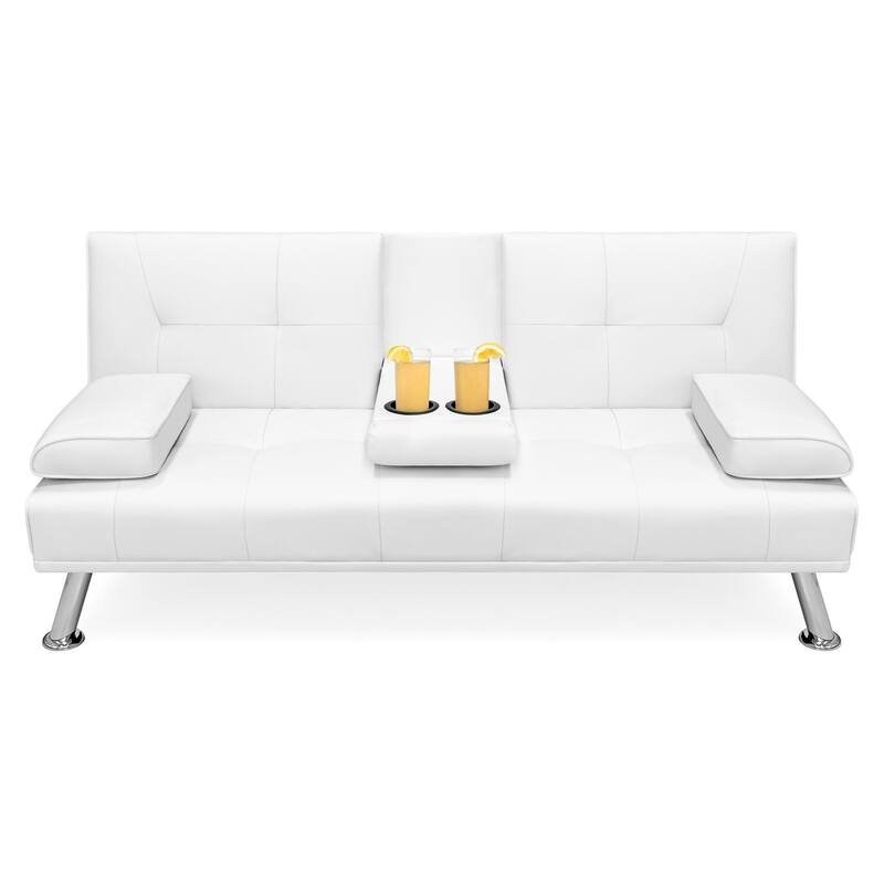 White Faux Leather Convertible Sofa Futon with 2 Cup Holders