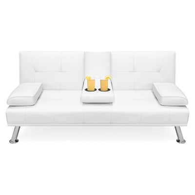 White Faux Leather Convertible Sofa Futon with 2 Cup Holders