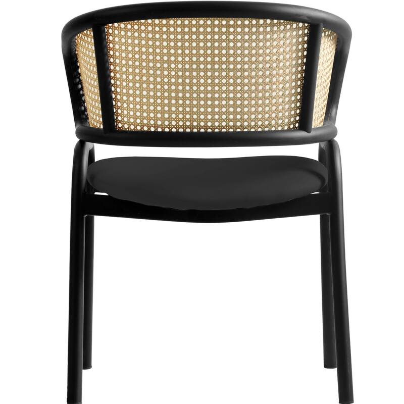 LeisureMod Set of 2 Modern Leather Dining Chair with Wicker Back & Black Steel Frame - Accent Side Armchair for Home Furniture
