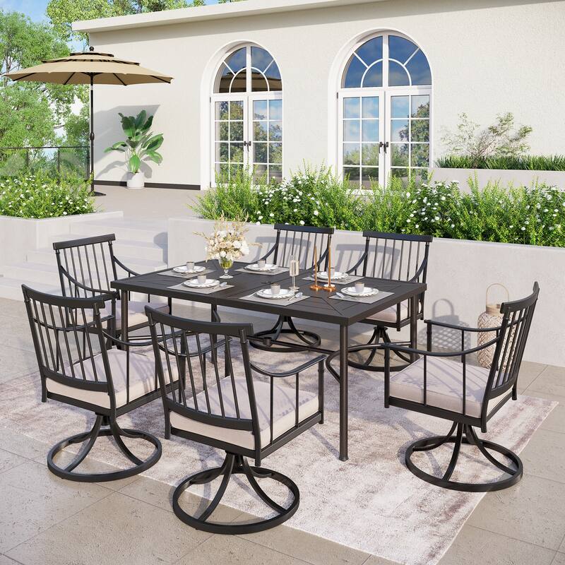 MAISON ARTS 7-Piece Outdoor Dining Set for 6, Metal Steel Dining Table with Umbrella Hole - Table A
