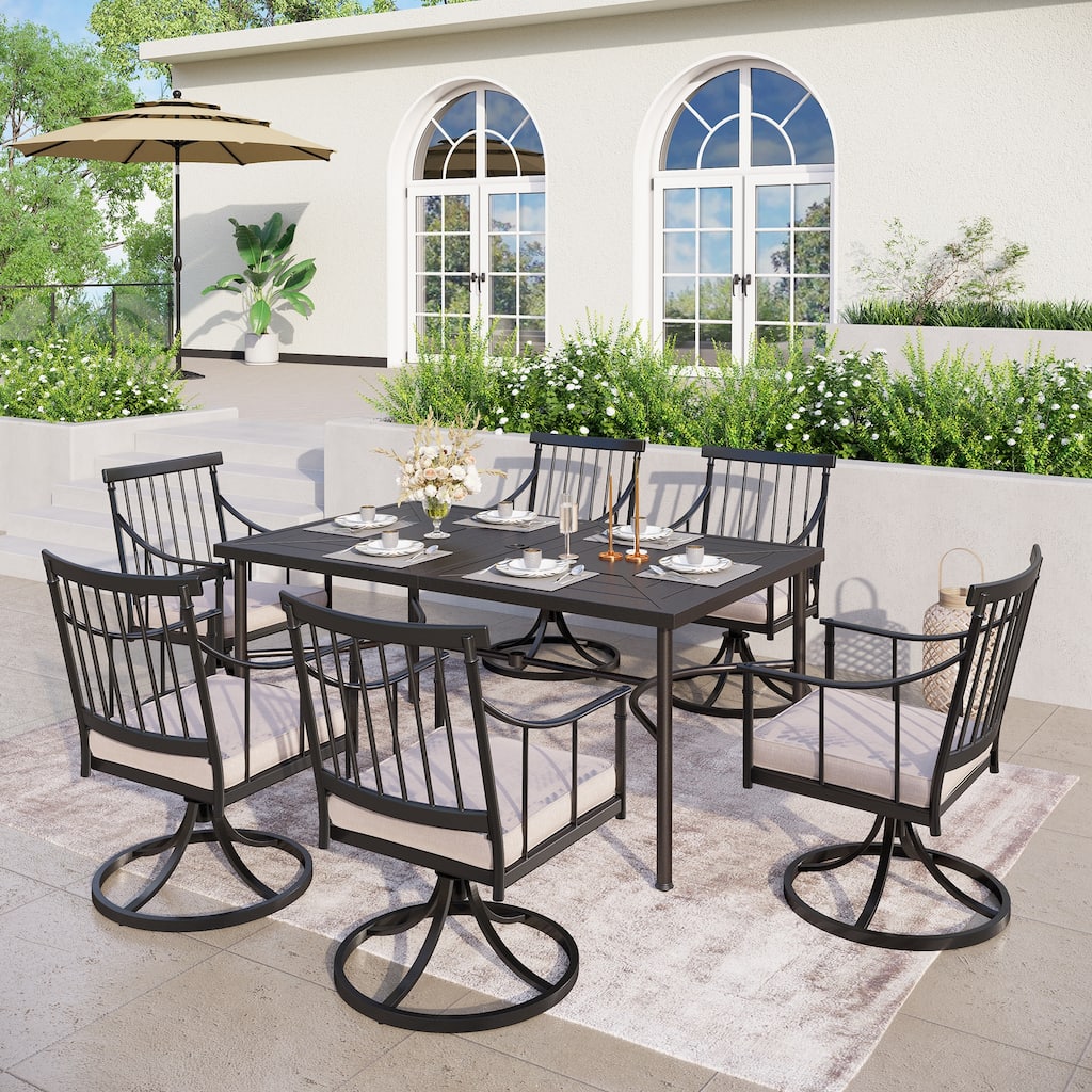 MAISON ARTS 7-Piece Outdoor Dining Set for 6, Metal Steel Dining Table with Umbrella Hole