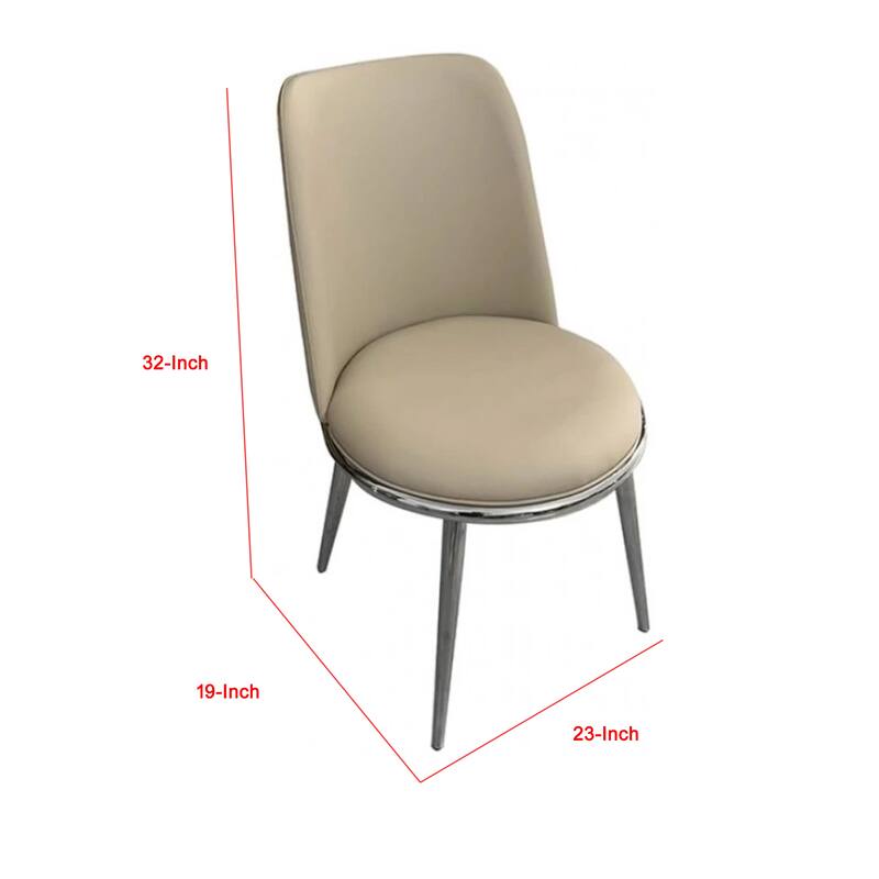 Relli Side Dining Chair Set of 2, Silver Metal, Taupe Faux Leather Round Seats