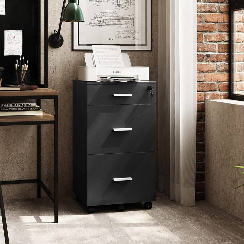 3 Drawer Rolling File Cabinet with Lock - 16"D x 15.7"W x 30.7"H - Black