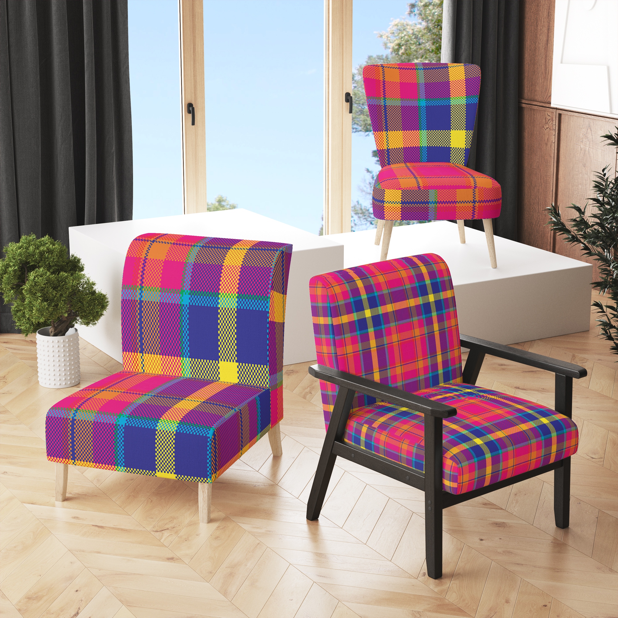 Designart Pink and Blue Checked Tartan Upholstered Patterned Accent Chair and Arm Chair On Sale Bed Bath Beyond 37831238