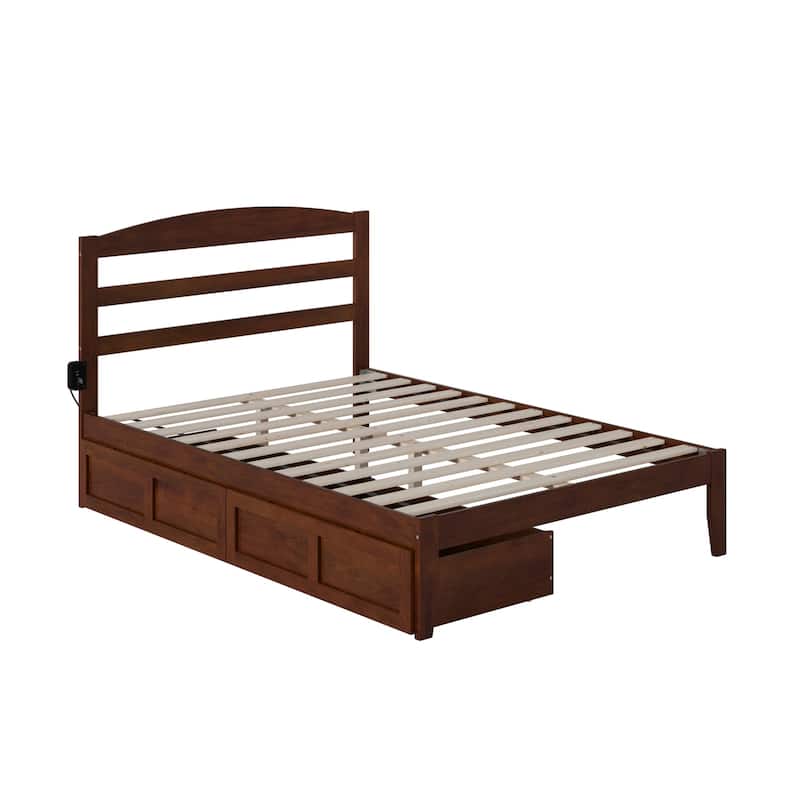 Platform Bed with Drawers, Full Size Bed Frame, Solid Wood & Veneer, Walnut Finish, Modern Bedroom Furniture
