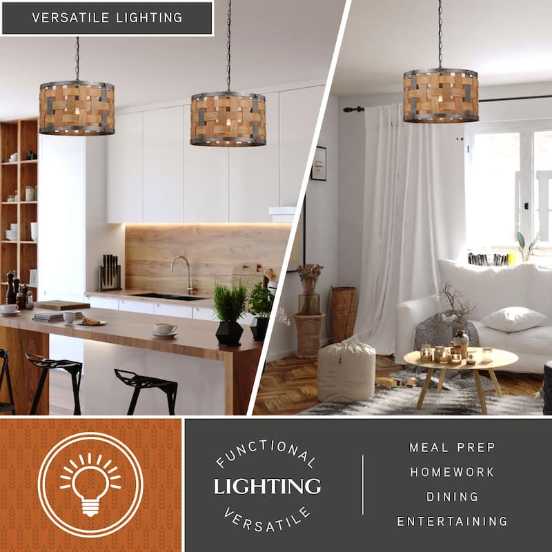 Norwood 1L Gray Industrial Woven Wood Drum Pendant Hanging Ceiling Light - 16-in W x 11-in H x 16-in D
