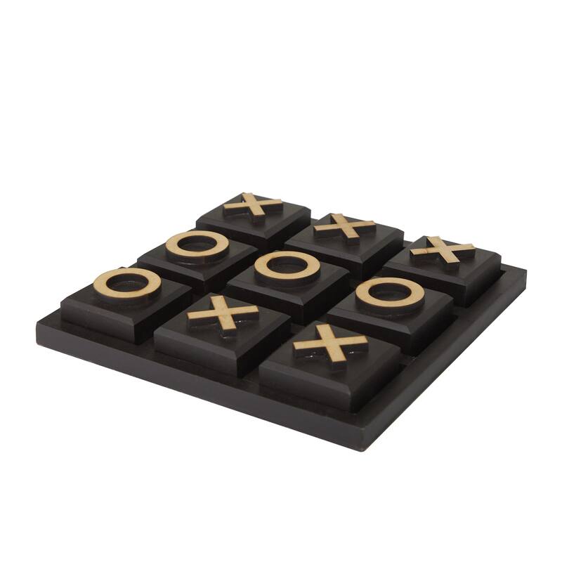 Wooden Tic Tac Toe Block Game Set with Steel or Light Wood Pieces - Black, Dark Brown, Gold - Roche River Decor