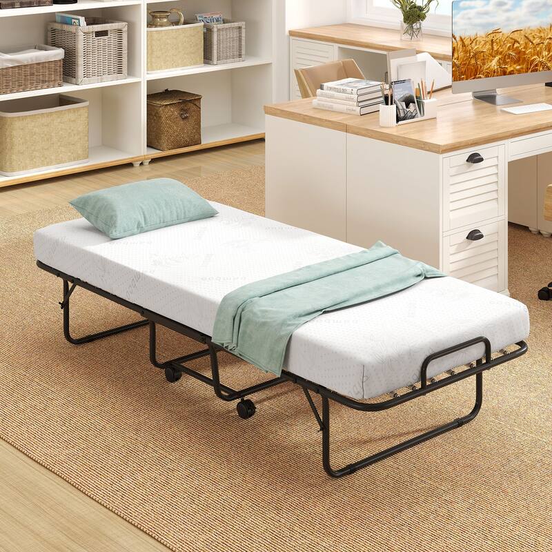 White Memory Foam Folding Guest Bed with Wheels and Metal Frame Support - 75" L x 31" W x 16.5" H