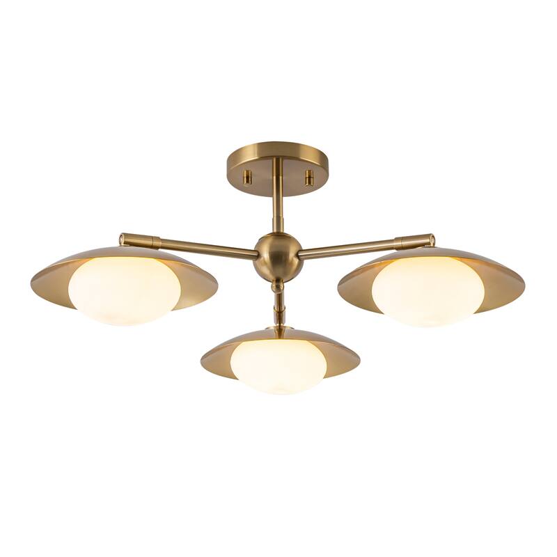 Modern Industrial 3-Light Sputnik Opal Glass Semi Flush Mount - Gold