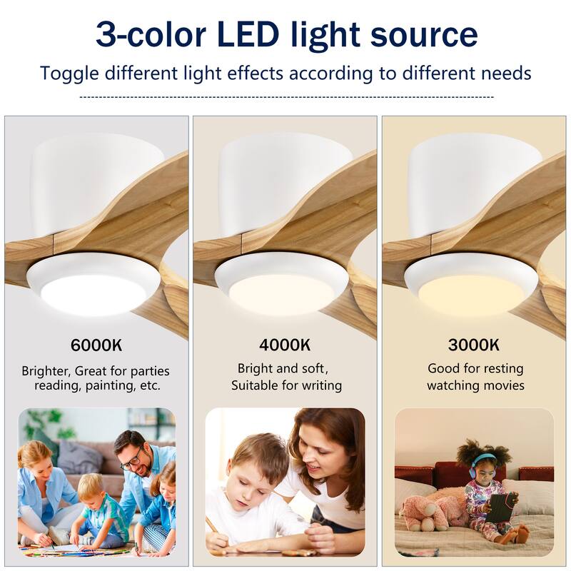 52" Flush Mount Fan Light, 3 PCS Solid Wood Blades Ceiling Fan with Lights Remote Control, Quiet DC Motor, 6 Speed