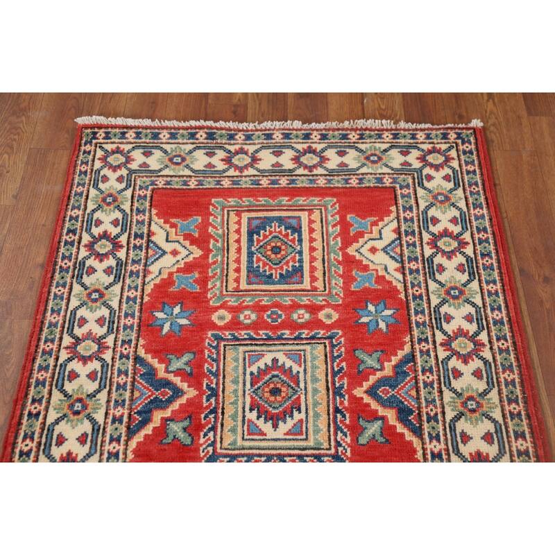 Geometric Kazak Runner Rug Hand-Knotted Wool Carpet - 2'8" x 10'1"