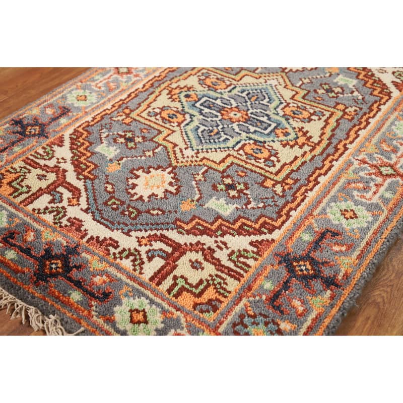 Hand Knotted Oriental 100% Wool Carpet Traditional Medallion Greys & Charcoal Heriz (serapi) Area Rug - 3' 0'' X 2' 0''