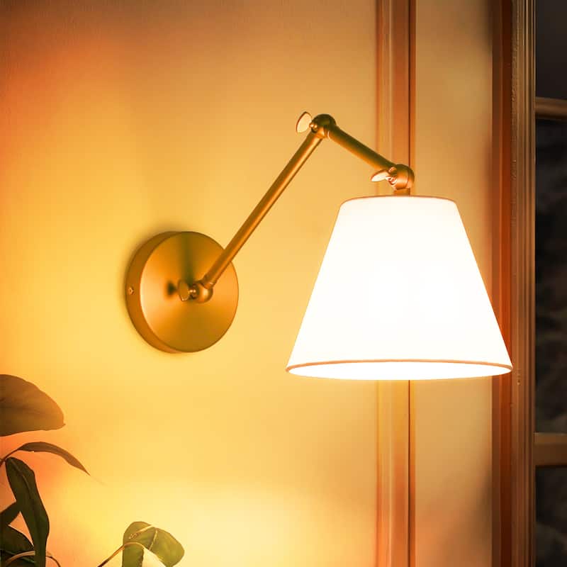 1-Light Modern Brushed Gold Adjustable Swing Arm Wall Sconce with Cone Fabric Shade for Bedroom, Study